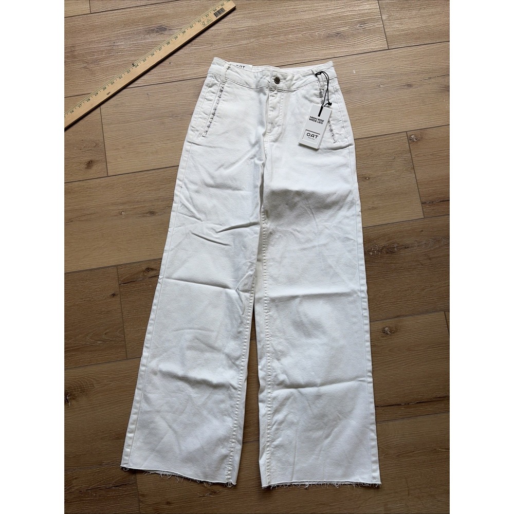 Oat New York Women's High Rise Wide Leg Ankle Jeans Raw Hem White Size 0 Glam